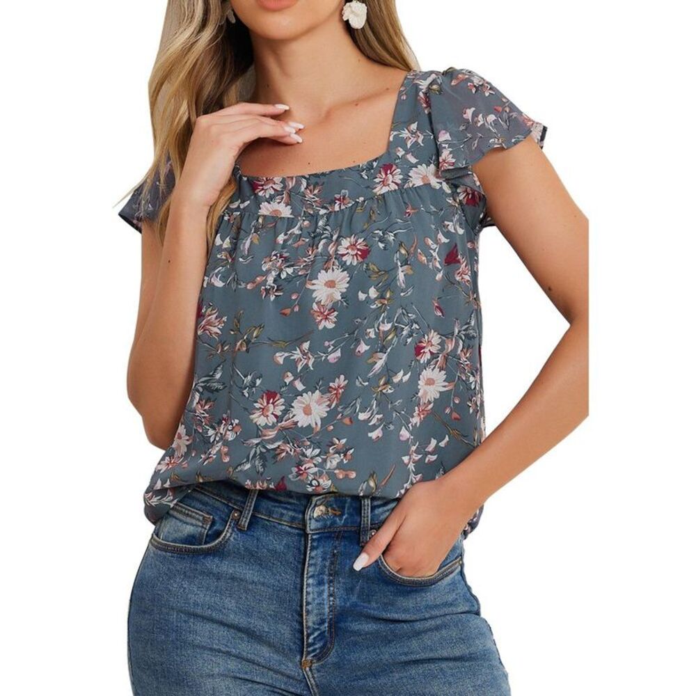 Women's Chiffon Ruffle Sleeve Square Neck Floral Print Blouse Medium Grey Blue